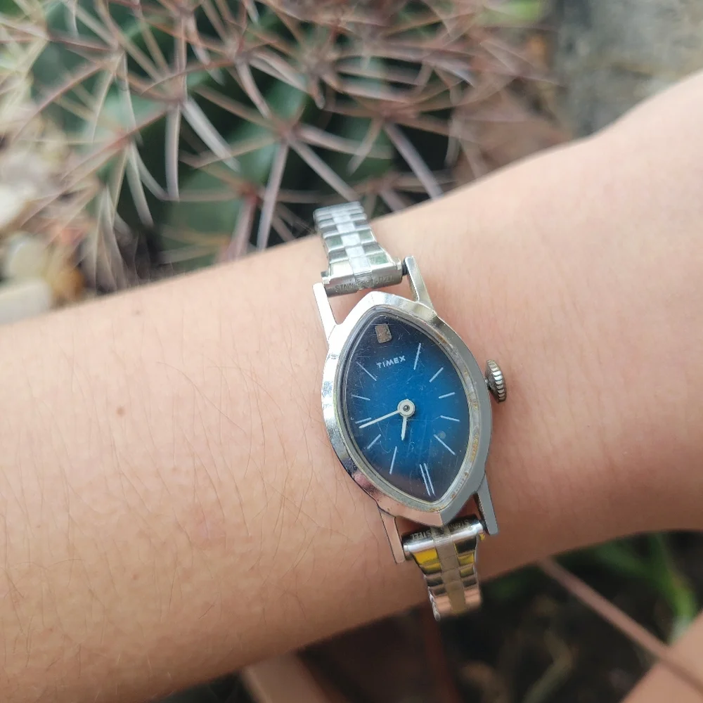 Vintage Timex Marquise Dainty Silver & Navy Blue Classic Stretch Watch